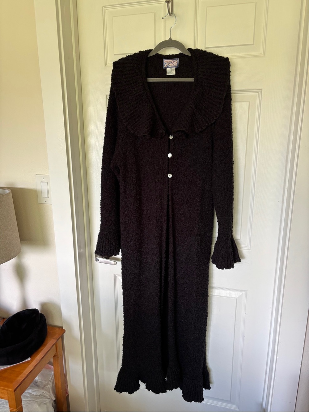April Cornell Black Long Cardigan with Ruffle Collar